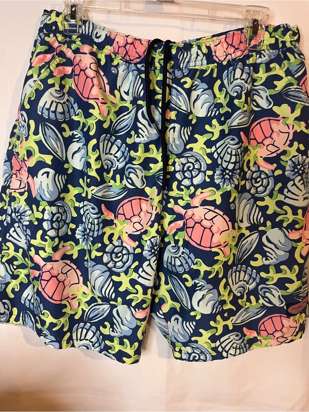 Vineyard Vines Navy Swim Shorts with Coral and Lime Turtle Print